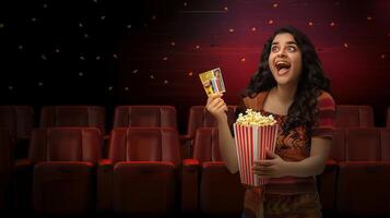 A happy woman with an excited face holds popcorn and tickets in front of cinema seats photo