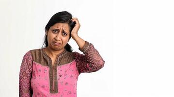 A middle aged Indian woman looking at the camera while holding her head on pain in front of white background photo