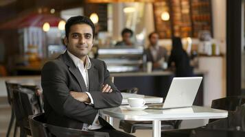 A confident Indian businessman enjoys a coffee at a trendy cafe while working on his laptop photo