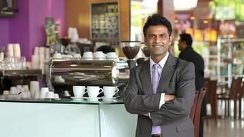 A confident Indian businessman stands at a coffee shop smiling and looking at the camera photo