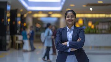 A smiling Indian female hotel manager wearing business attire and standing in front of the lobby photo