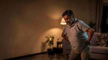 A middle aged Indian man with back pain an angry expression on his face as he stands up from the sofa at home with dark lighting photo