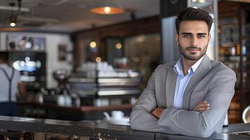 A confident Indian businessman stands at a coffee shop smiling and looking at the camera photo