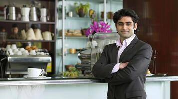 A confident Indian businessman stands at a coffee shop smiling and looking at the camera photo