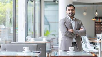 A confident Indian businessman stands at a coffee shop smiling and looking at the camera photo