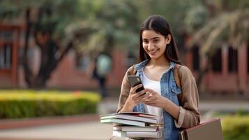 A happy Indian female student looking at her phone while standing on the university campus photo