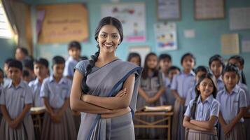 Indian female teacher wearing a saree standing in front of students smiling with her arms crossed photo