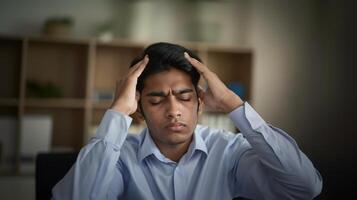 A young Indian man in office attire with hands on his forehead showing signs of stress photo