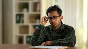 A young Indian man suffering from head pain with sitting at a desk photo