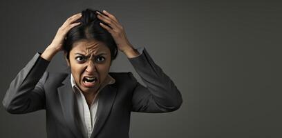 A Indian businesswoman in a suit with her hands on her head looking stressed against on a grey background photo