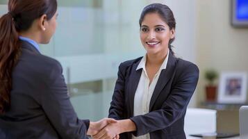 A happy beautiful young Indian businesswoman shaking hands with a client at work standing near the meeting table in the office photo