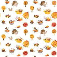 Fall thanksgiving pattern with autumn leaves and plants, animals. Cute fabric design. vector