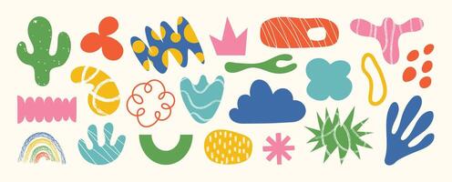 Set of abstract retro organic shapes . Collection of contemporary figure, cloud, sparkle, cactus, rainbow in funky groovy style. Cute hippie design element perfect for banner, print, sticker. vector