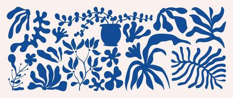 Abstract botanical art background . Natural hand drawn pattern design with blue flower, leaves, branches. Simple contemporary illustrated Design for fabric, print, cover, banner, wallpaper. vector