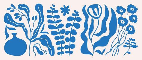 Abstract botanical art background . Natural hand drawn pattern design with blue flower, leaves, branches. Simple contemporary illustrated Design for fabric, print, cover, banner, wallpaper. vector