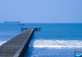 Serene Ocean Pier with Distant Ships photo