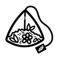 Triangle shaped tea bag with natural leaf and flower herbs icon illustration with black outline isolated on square white background. Simple flat cartoon art styled object drawing. vector