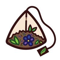 Triangle shaped tea bag with natural leaf and flower herbs colorful icon illustration with outline isolated on square white background. Simple flat cartoon art styled object drawing. vector