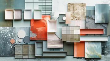 A vibrant and colorful abstract composition of geometric shapes and patterns, featuring a mix of rectangles, circles, and textured surfaces in blue, coral, and neutral tones. photo