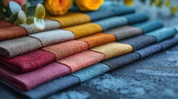 Stack of Colorful Textured Fabrics with Floral Background photo