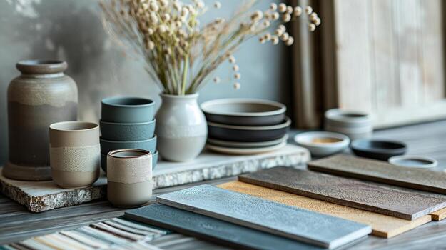 un detallado arreglo de rústico cerámico tazas y platos conjunto en contra varios texturizado superficies, enfatizando un natural y terroso estético con apagado tonos y orgánico materiales foto