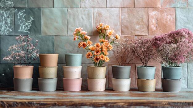 vistoso flor ollas con flores en de madera mesa foto