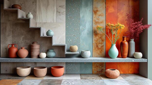 decorativo cerámico floreros en geométrico estantería foto