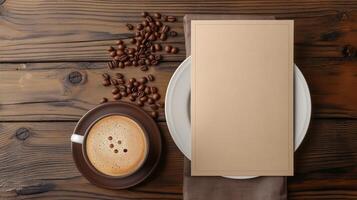 Close-up of coffee cup and coffee beans on Empty brown wooden table and Coffee shop interior with Mock-up Menu frame photo