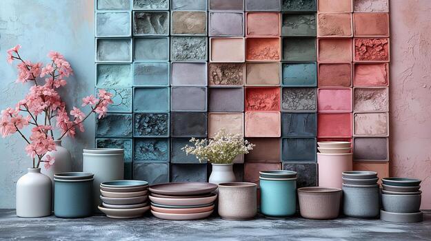 cerámico bochas y floreros con pastel losas antecedentes foto