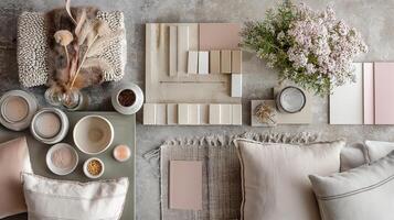 A flatlay of neutral-colored textures and materials, featuring soft fabrics, ceramics, and natural elements. photo