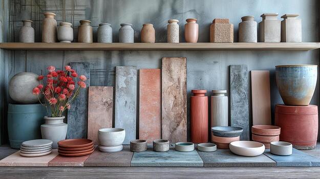 cerámico floreros y platos en de madera estante foto