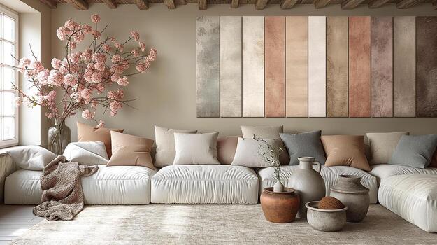 acogedor vivo habitación con pastel tonos y floral decoración foto