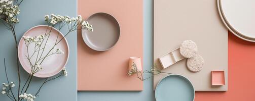 Minimalist Table Setting with Pastel Plates and Flowers photo