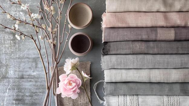 un plano laico de clasificado texturizado telas y cerámico tazas, acompañado por delicado flores y leña menuda foto