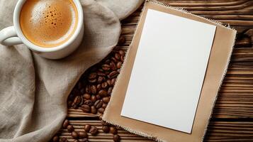 Close-up of coffee cup and coffee beans on Empty brown wooden table and Coffee shop interior with Mock-up Menu frame photo