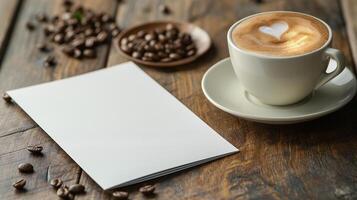 Close-up of coffee cup and coffee beans on Empty brown wooden table and Coffee shop interior with Mock-up Menu frame photo