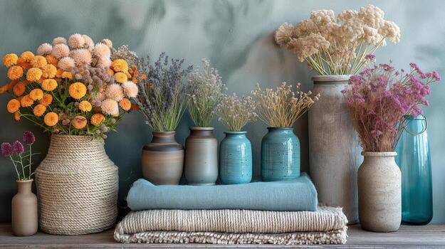 vibrante flor preparativos en rústico floreros con doblada textiles foto