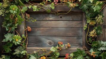 Rustic wooden frame adorned with vines and flowers photo