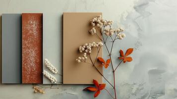 Autumn Leaves and Rustic Panels on Textured Background photo