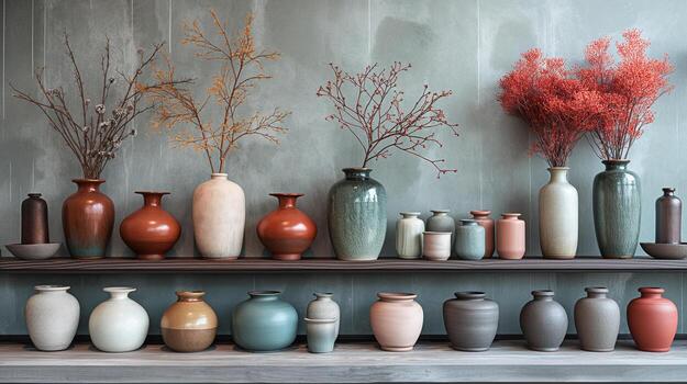 decorativo cerámico floreros en estantería con seco ramas foto