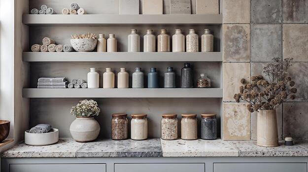 organizado estantería con cerámico frascos y toallas foto