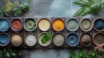 Assorted Colorful Powders in Bowls with Greenery photo