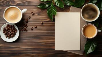 Close-up of coffee cup and coffee beans on Empty brown wooden table and Coffee shop interior with Mock-up Menu frame photo