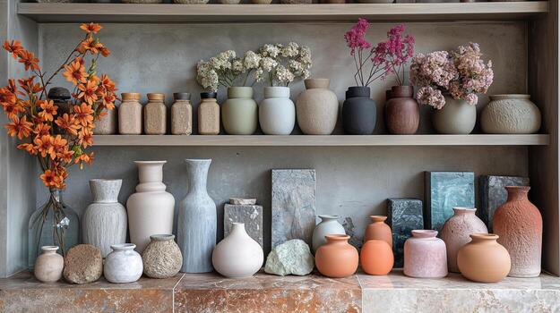 estante monitor con clasificado cerámico floreros y flores foto