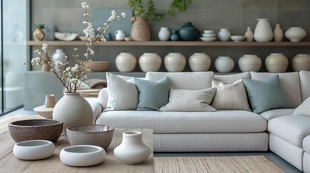 moderno vivo habitación con neutral tonos y cerámico decoración foto