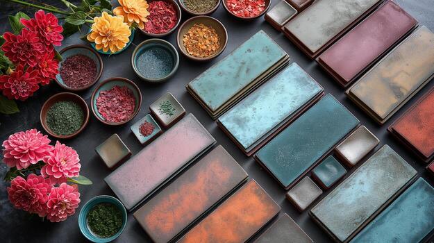 artístico arreglo de vistoso cerámico losas y natural seco flores foto