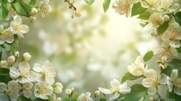 A fresh spring frame with blooming flowers and greenery photo