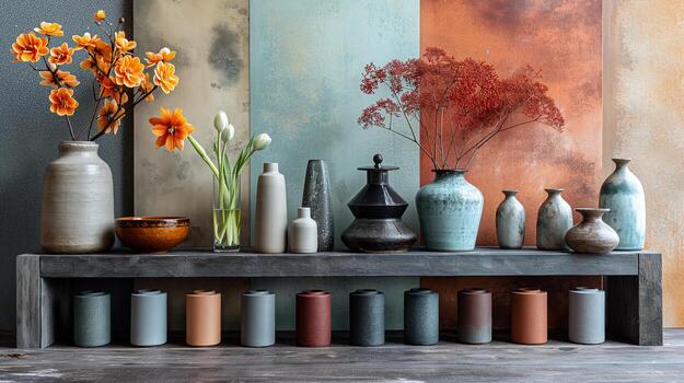 vistoso cerámico floreros con flores y moderno decoración foto