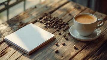 Close-up of coffee cup and coffee beans on Empty brown wooden table and Coffee shop interior with Mock-up Menu frame photo
