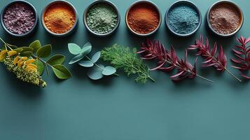 Colorful Powders and Greenery on Blue Background photo